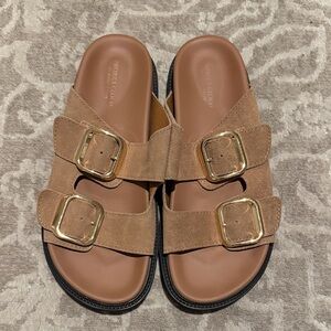 Brown Suede Sandals with Gold Buckles